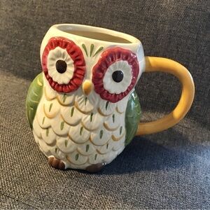 Owl Coffee Mug, Cream, Ivory, Red, Green, Yellow, Colorful, 16 oz